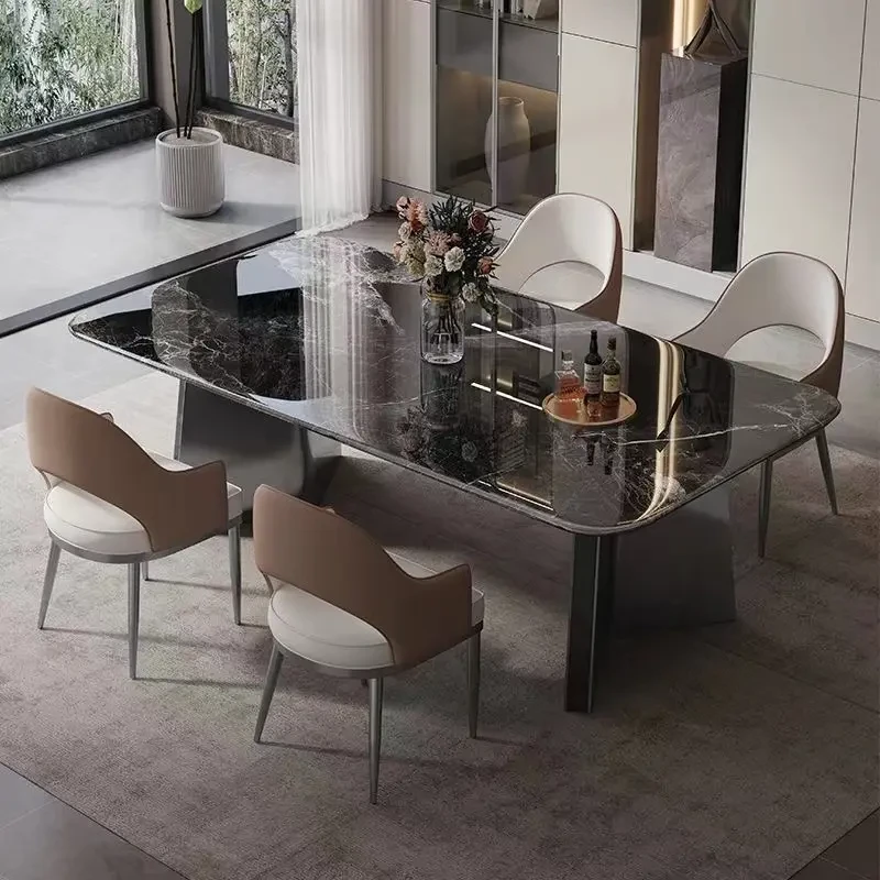 意式大理石组合餐桌家用小户型现代简约风高端大理石长方形吃饭桌