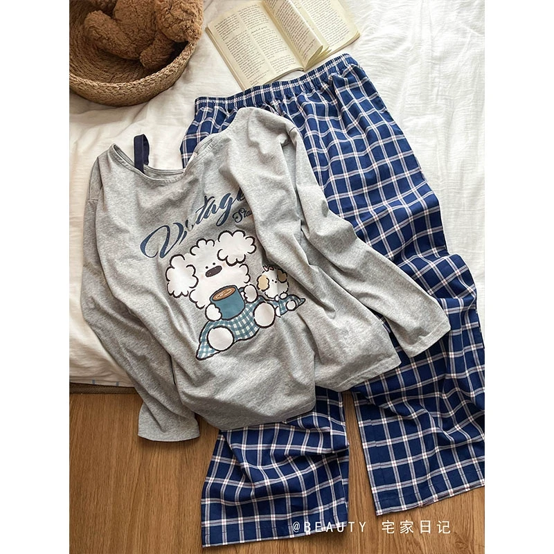 韩版慵懒小狗印花长袖T恤睡衣女春秋高级感长裤家居服套装可外穿