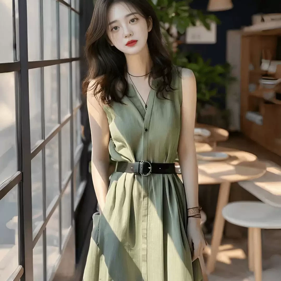 连衣裙显瘦气质夏季收腰设计感女装法式小众纯色裙子无袖小个子高