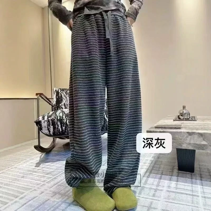 现货条纹裤女窄版垂感加绒冬季直筒拖地裤显瘦遮肉学院风阔腿裤子