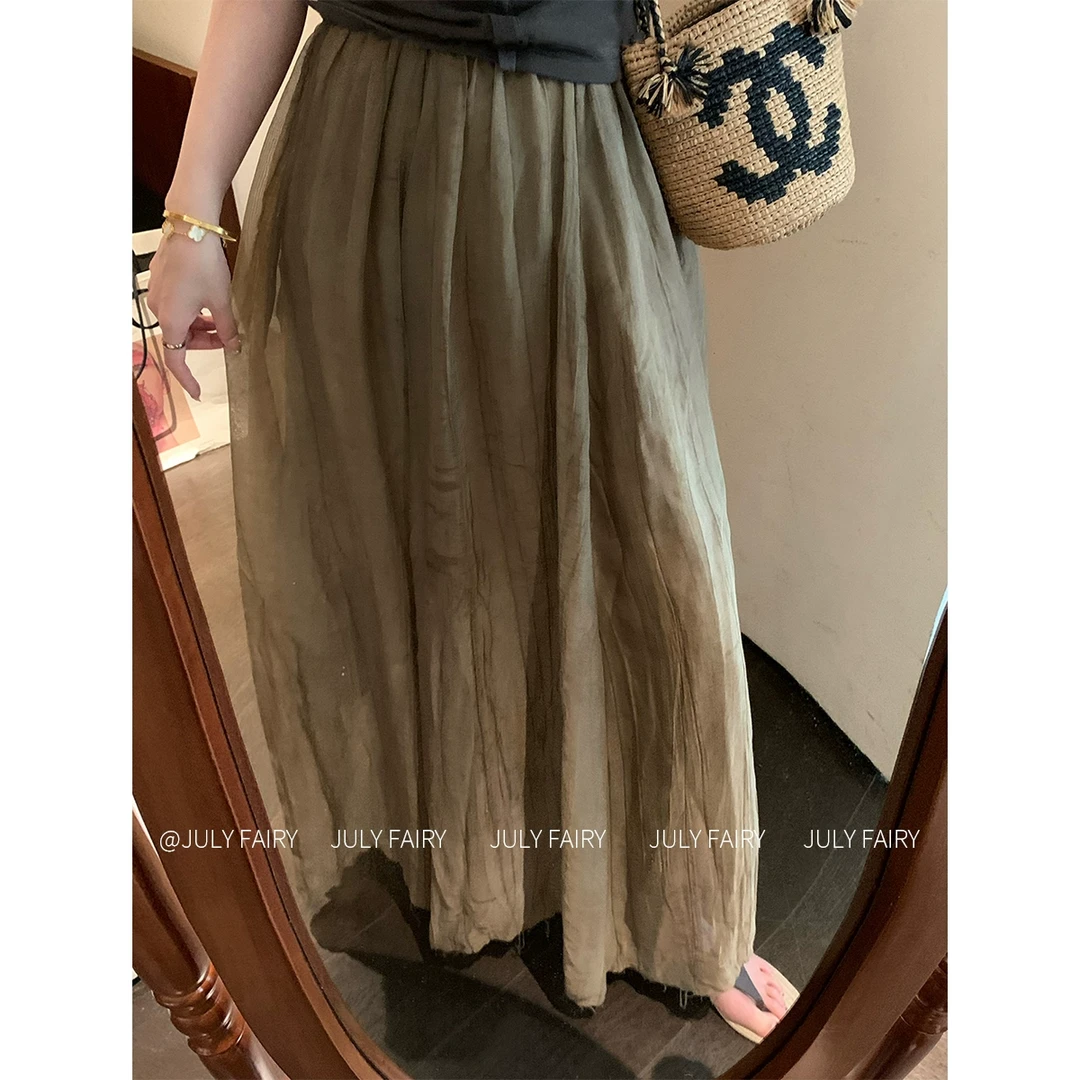 MUKOK 重工炒色压褶工艺甜美半身裙高腰麻感重工大裙摆裙仙女裙