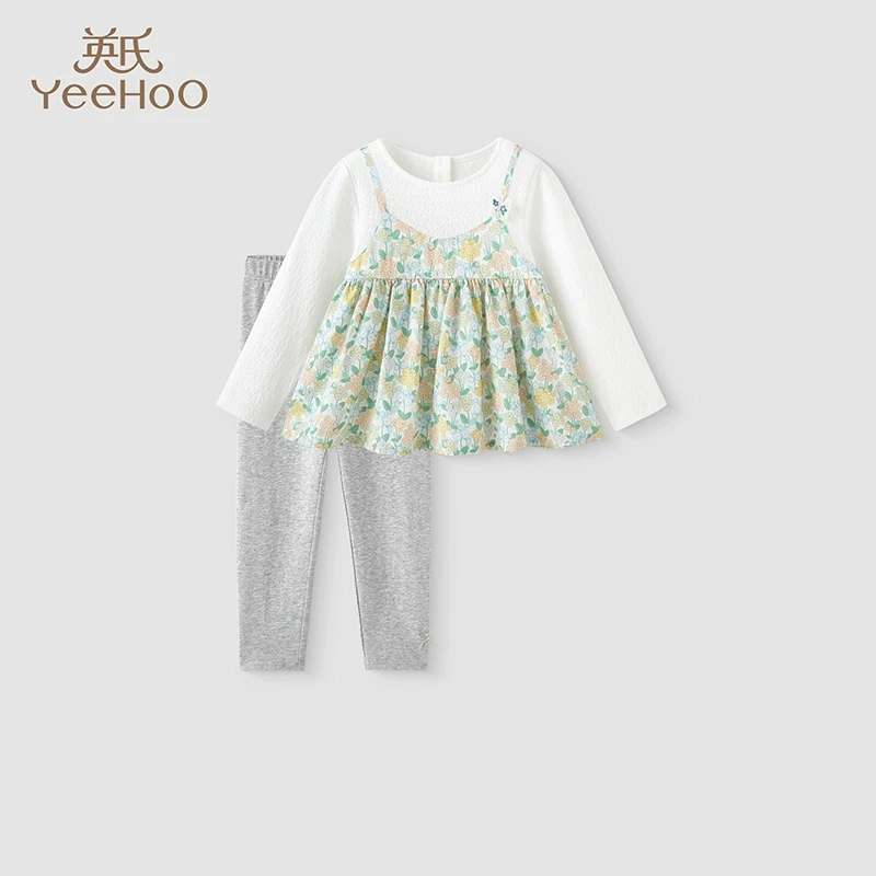 英氏儿童套装春秋季女童长袖假两件莱赛尔衣裤套装YRABJ1R004A