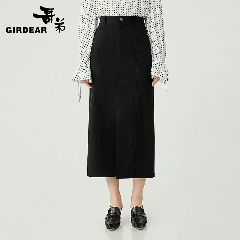 GIRDEAR/哥弟轻职风招牌四面弹前中开叉设计长款包臀半身裙120019