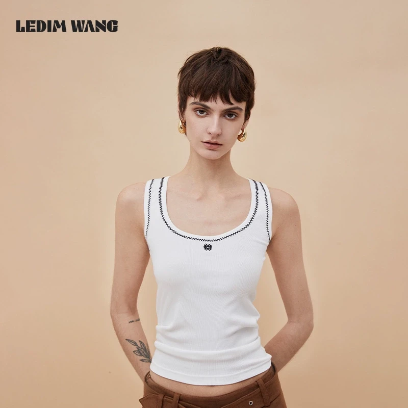 LEDIM WANG撞色花边工字背心休闲百搭清凉感撞色绣花内搭