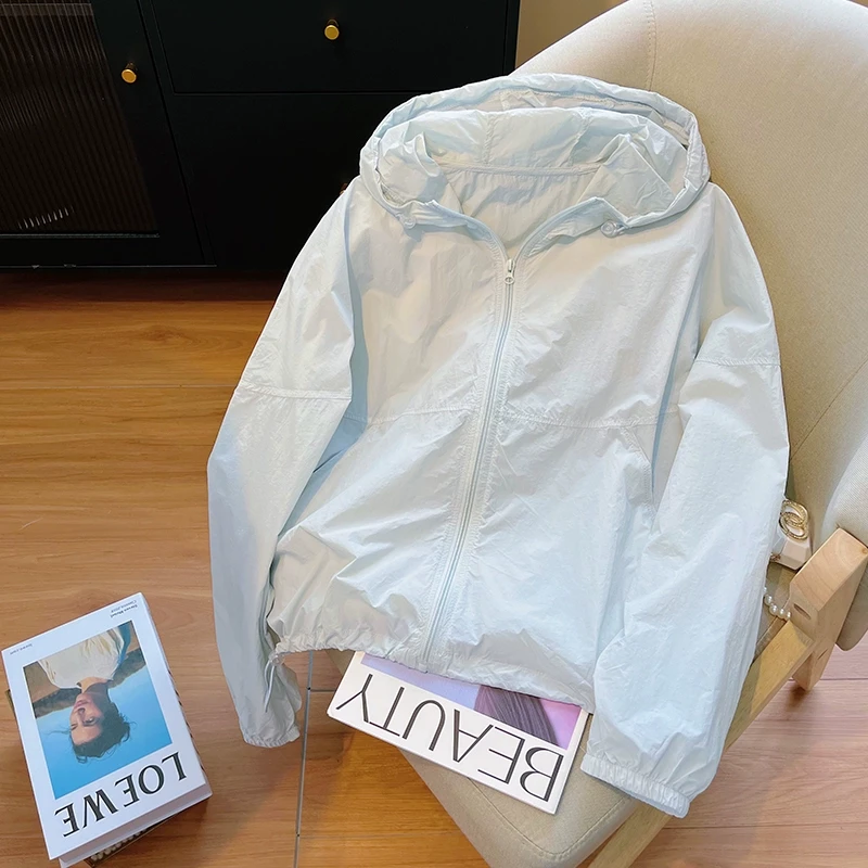 蓝色连帽拉链抽绳百搭防晒衣女夏季新款运动休闲防紫外线宽松外套