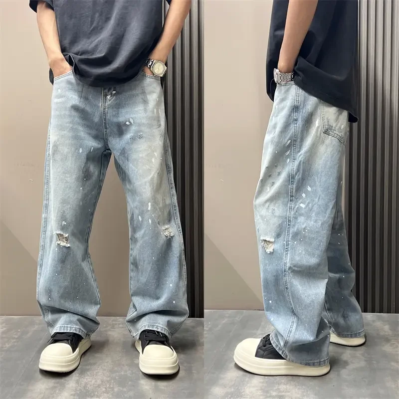 美式高街牛仔裤男潮流痞帅2025春夏新款破洞宽松直筒百搭阔腿裤子