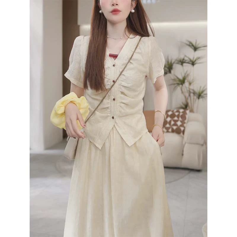 今年流行气质时尚套装女夏季2025新款V领衬衫搭半身裙两件套2041