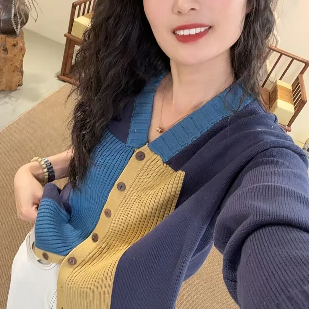 6712-长袖V领拼色春秋季开衫款毛针织衫撞色宽松显瘦时尚