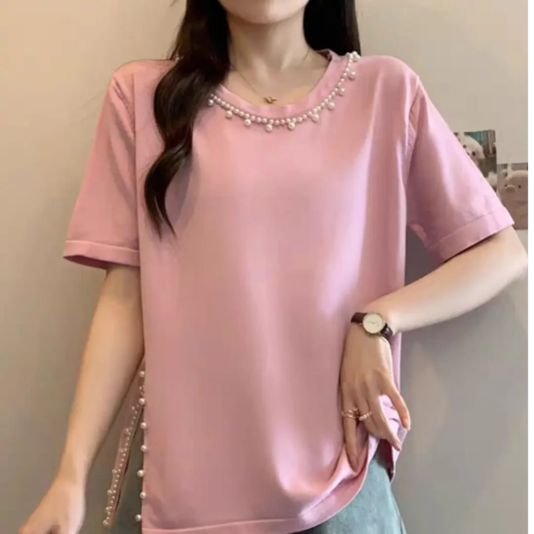 法式复古开叉钉珠短袖T恤女夏季大码胖m时尚设计感显瘦上衣