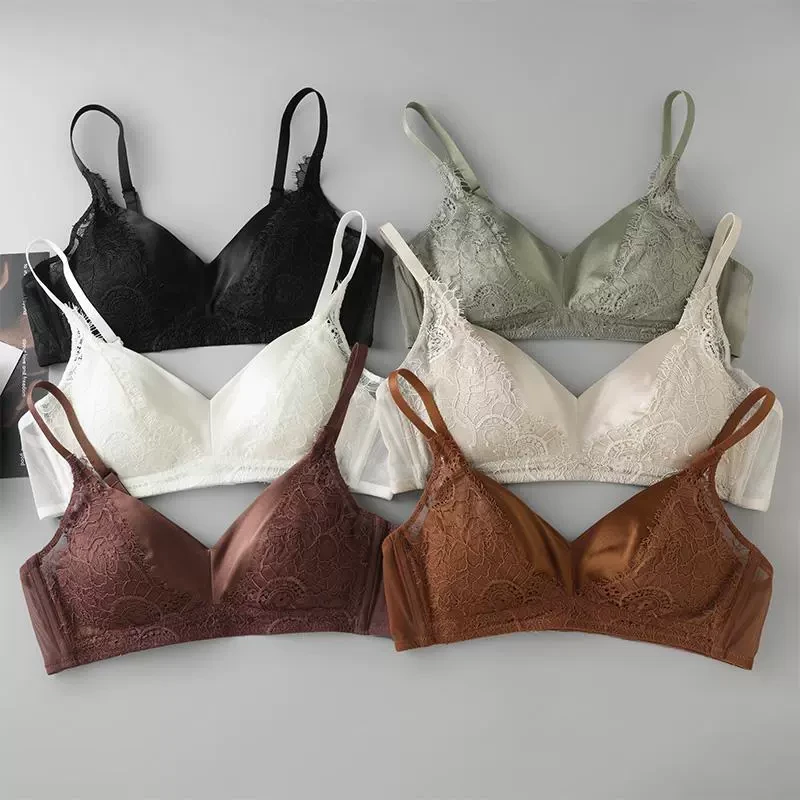 高级轻奢弹力缎真丝文胸 睫毛蕾丝舒适性感桑蚕丝无钢圈薄款内衣