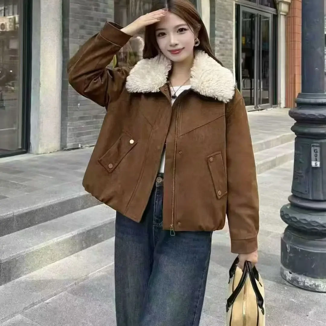 美拉德咖啡色女短款加绒加厚羊羔毛领麂皮绒冬季机车外套复古百搭