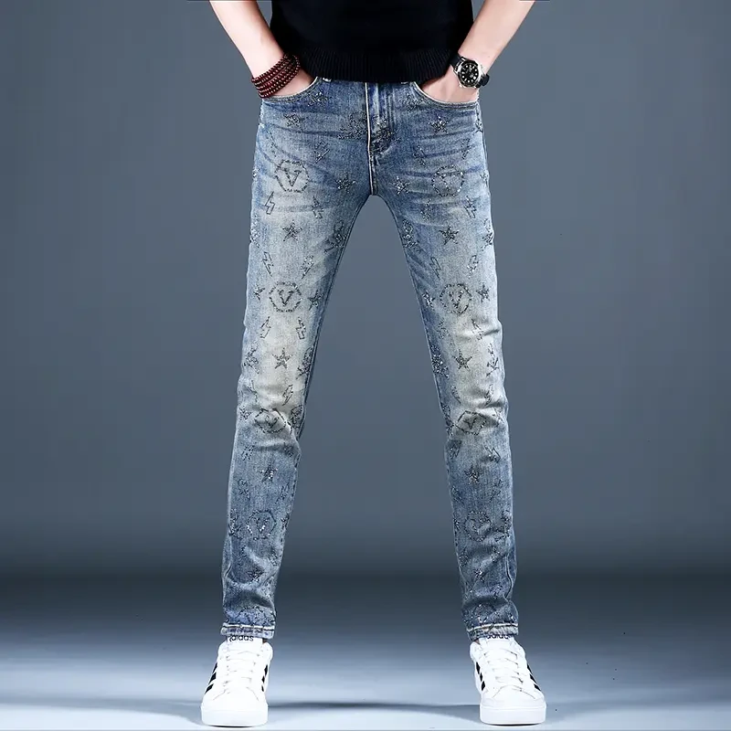 欧洲站高端重工艺烫钻潮牌修身小裤子韩版潮流男士弹力轻奢牛仔裤