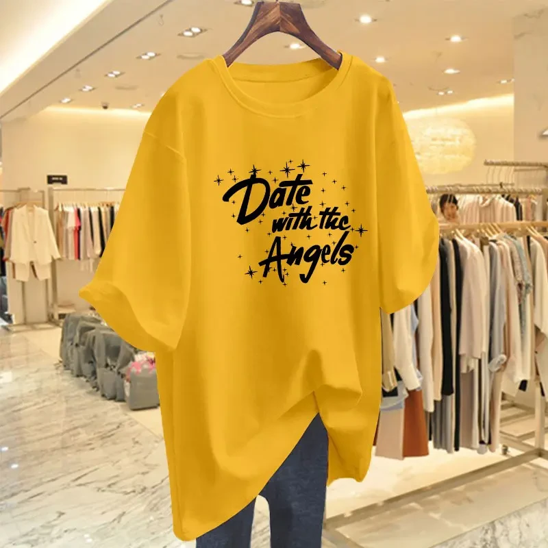 夏季新款屁股黄色短袖t恤长款潮牌女装新款衣服旅游出街