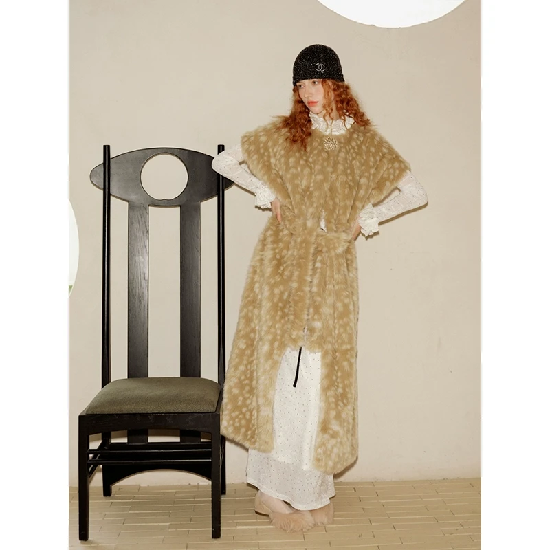 MANE atelier设计师品牌 鹿纹提花马甲外套女冬季长款无袖外搭