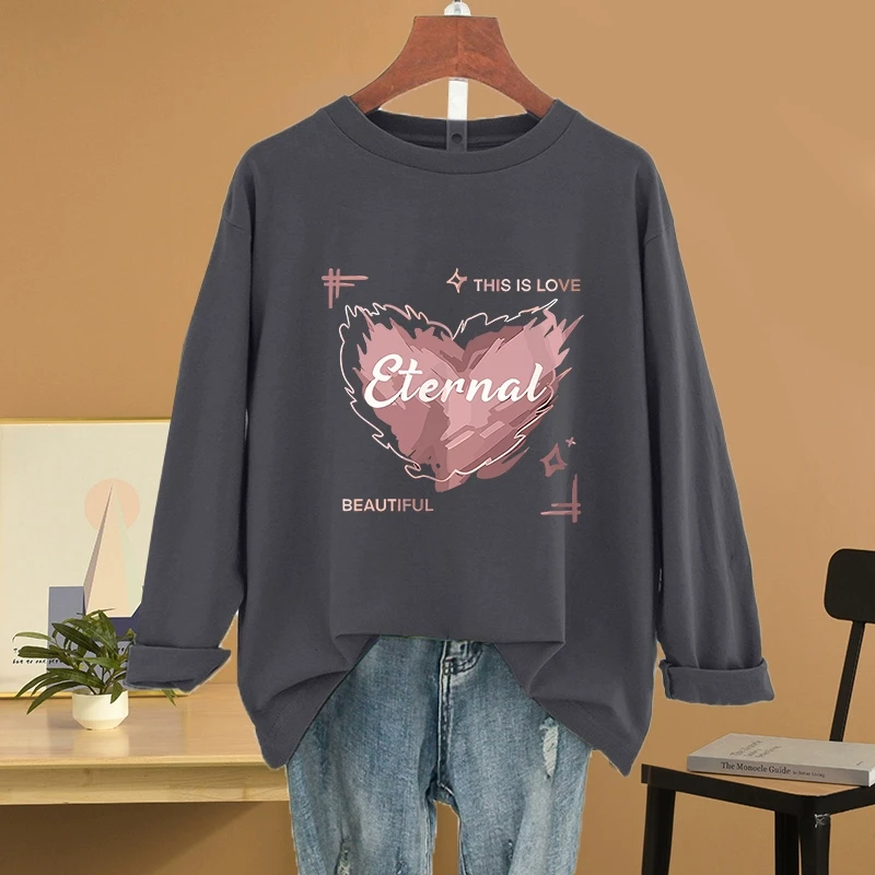 2025年春季新款宽松大码胖mm长袖纯棉t恤女设计感小众显瘦上衣服