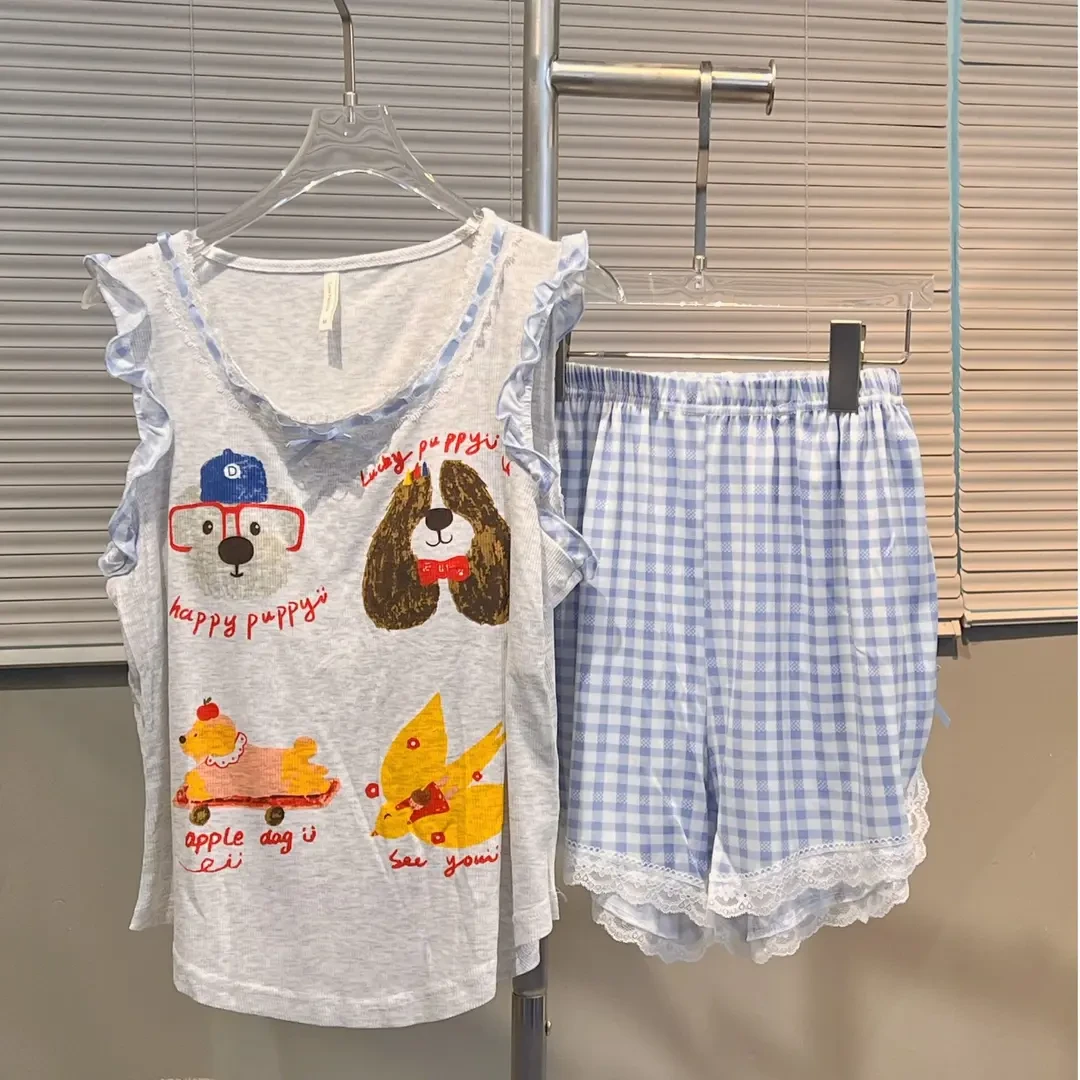 夏季薄款可爱小狗套装女凉感莫代尔带胸垫卡通休闲背心短裤家居服