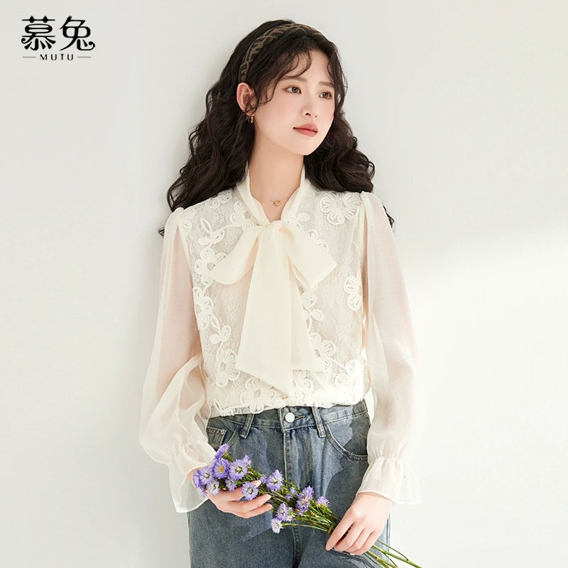 慕兔法式气质蝴蝶结系带蕾丝衬衫女春2024新款设计感小众长袖上衣