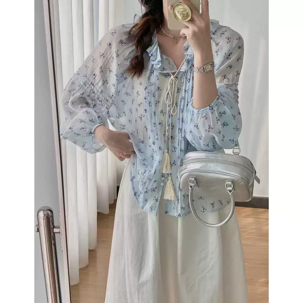12715--完--轻薄款甜美碎花衬衫女慵懒风宽松娃娃衫长袖防晒上衣