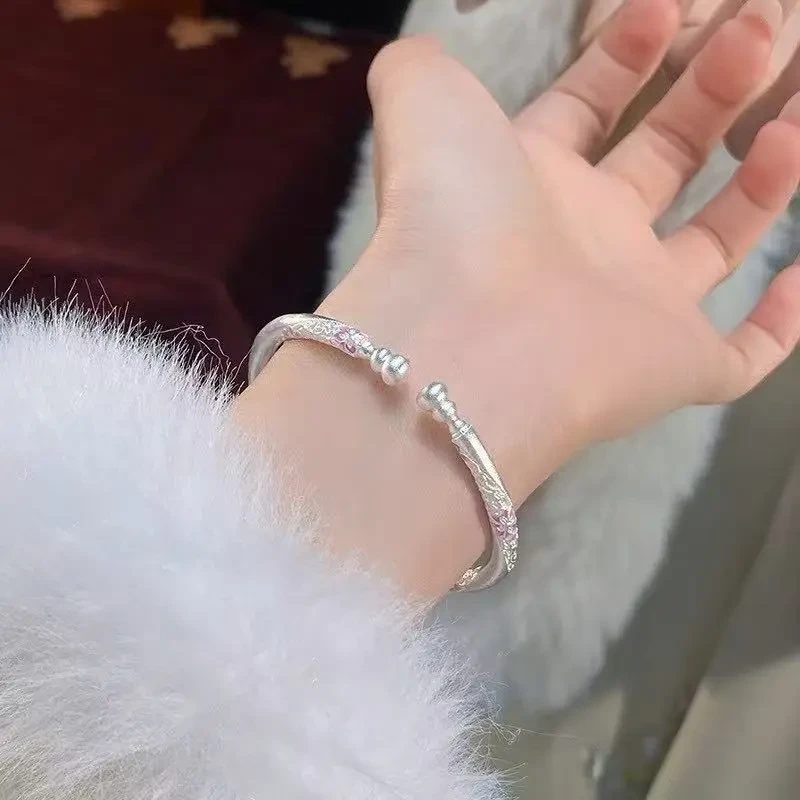 足银手镯 足银手镯足银999珐琅彩葫芦花开口手镯女新中式錾刻镯子