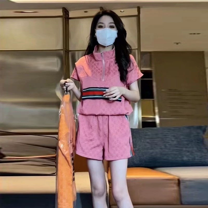 网红时尚套装女夏季新款显瘦减龄拉链短袖短裤休闲运动两件套装