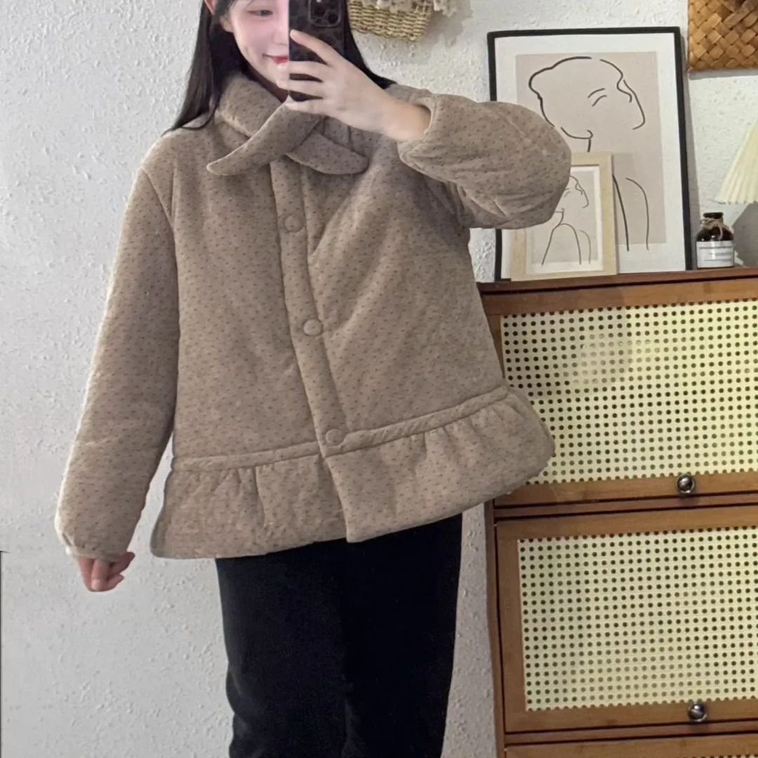 韩系风冬季三层加厚加绒波点圆领保暖可外穿宽松家居服套装