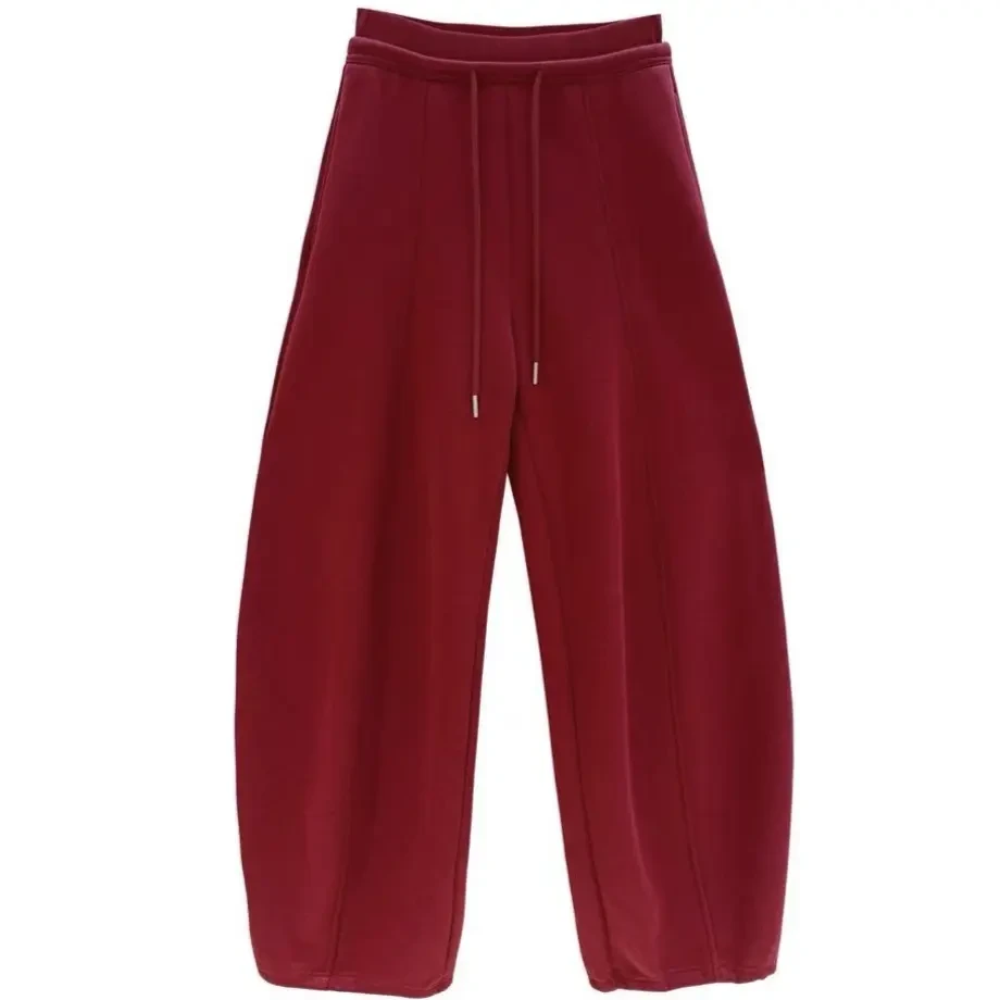 红色高腰抽绳加绒加厚宽松弯刀阔腿女冬款休闲卫裤