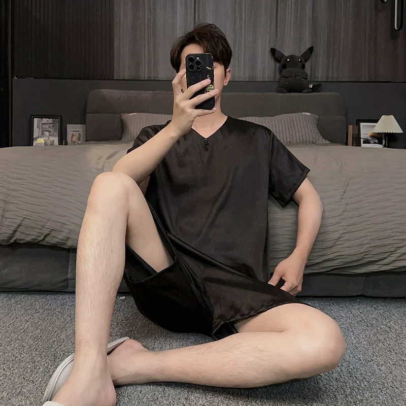 黑色V领冰丝男士睡衣夏季薄款短袖短裤简约套头家居服男夏天套装