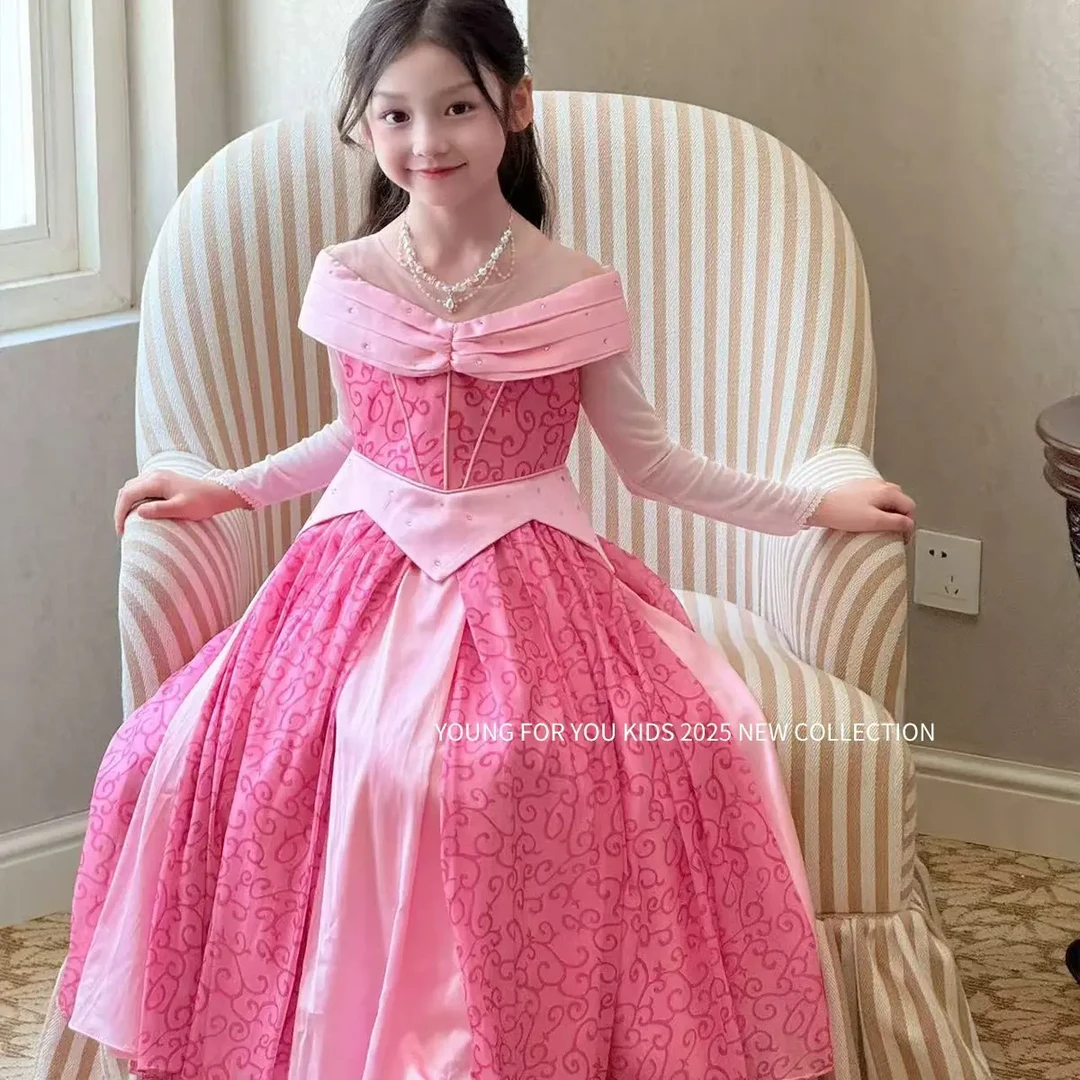 YFY女童秋季睡美人爱洛公主裙粉色迪士尼连衣裙长袖气质生日礼服