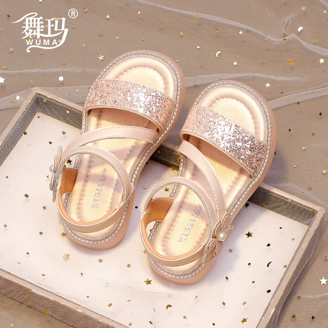 舞玛女童凉鞋儿童公主鞋2025新款夏季小女孩露趾软底中大童水晶鞋