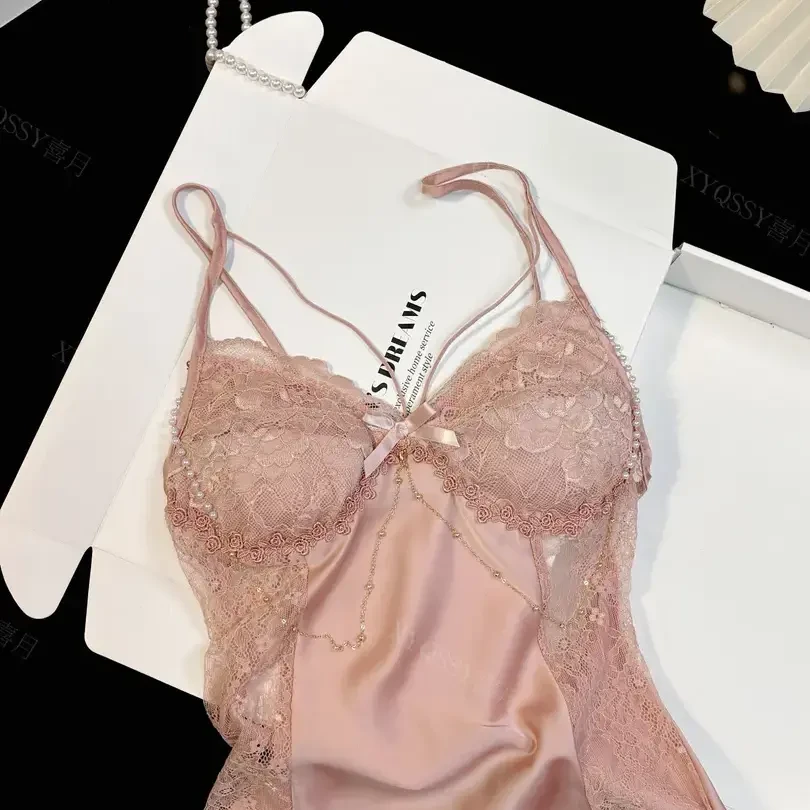 链惑性感睡衣女冰丝夏带胸垫蕾丝镂空吊带法式睡裙吊带套家居服