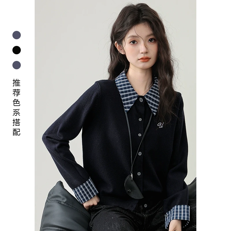 假两件长袖针织开衫女2025春秋新款设计感格子拼接早春开衫上衣潮