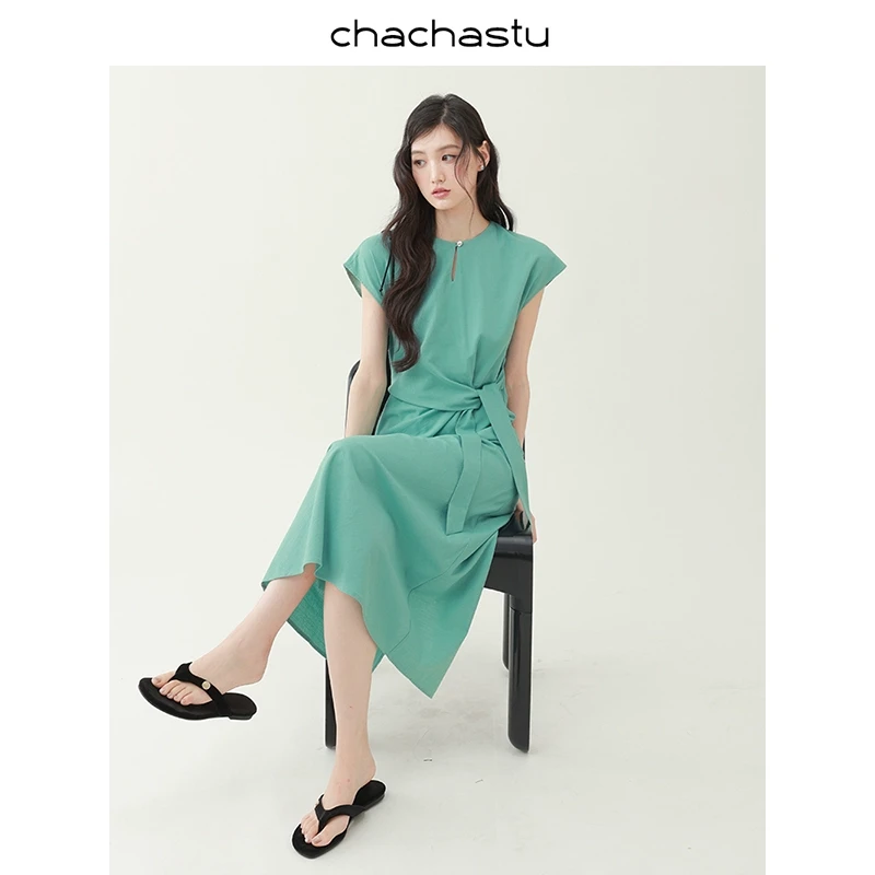 CHACHASTU【出游】老钱风气质连肩袖显瘦亚麻感连衣裙三个色！H4184W