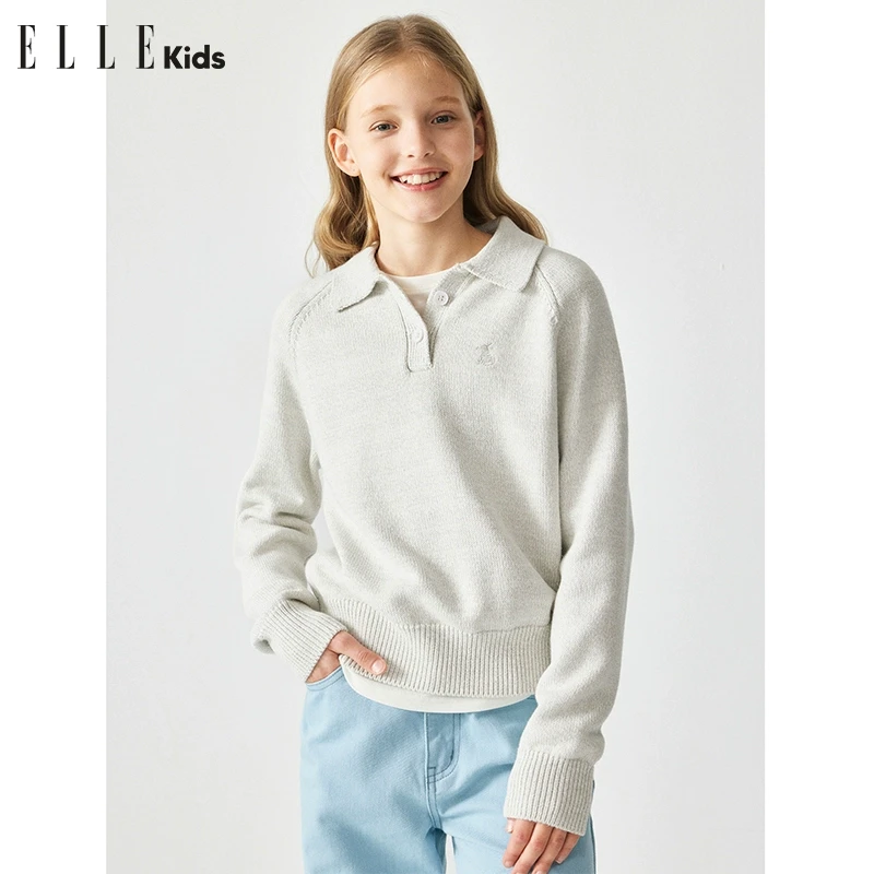 ELLE KIDS学院风法式经典老钱风百搭花纱polo套头毛衣C1