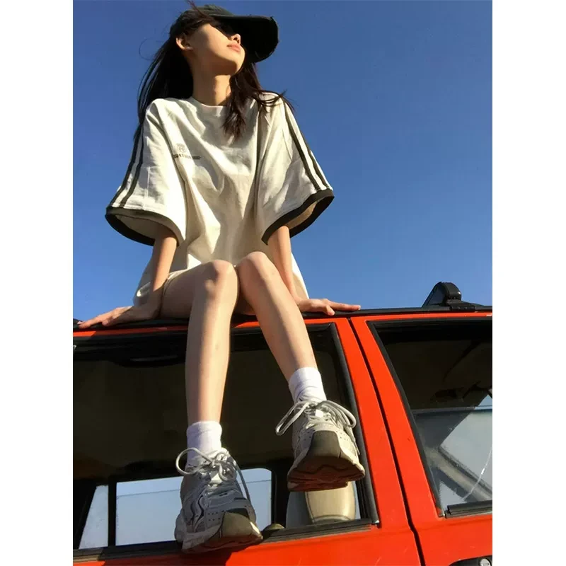 美式复古三条杠纯棉短袖t恤女夏季2024新款宽松oversize高街上衣