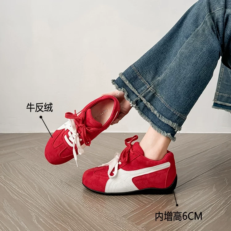 Rose同款联名内增高真皮红色休闲鞋女新款小个子系带阿甘德训鞋