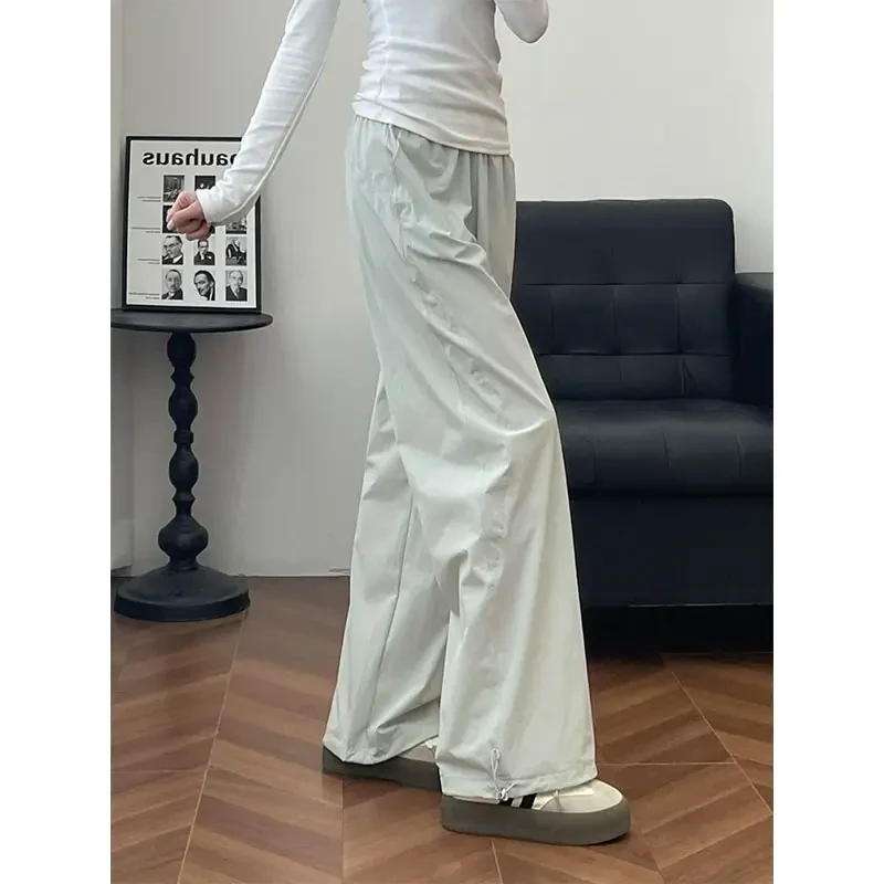 藏青色尼龙速干薄裤子男女夏季斜切直筒登山工装裤运动阔腿休闲裤