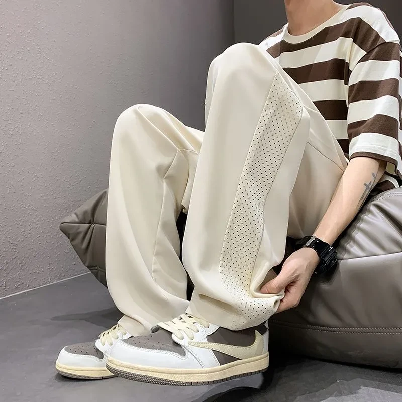 夏季薄款冰丝裤子男士运动裤青少年网眼透气休闲裤速干宽松直筒裤