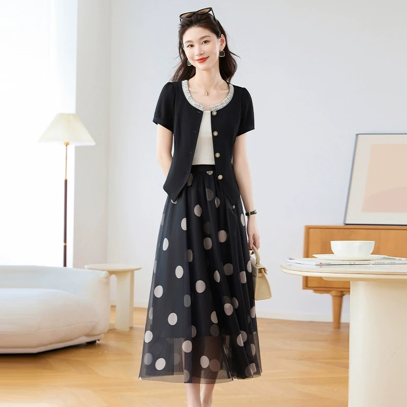 拉夏贝尔轻奢高级感小香风连衣裙2025新款夏网纱两件套装裙子1136