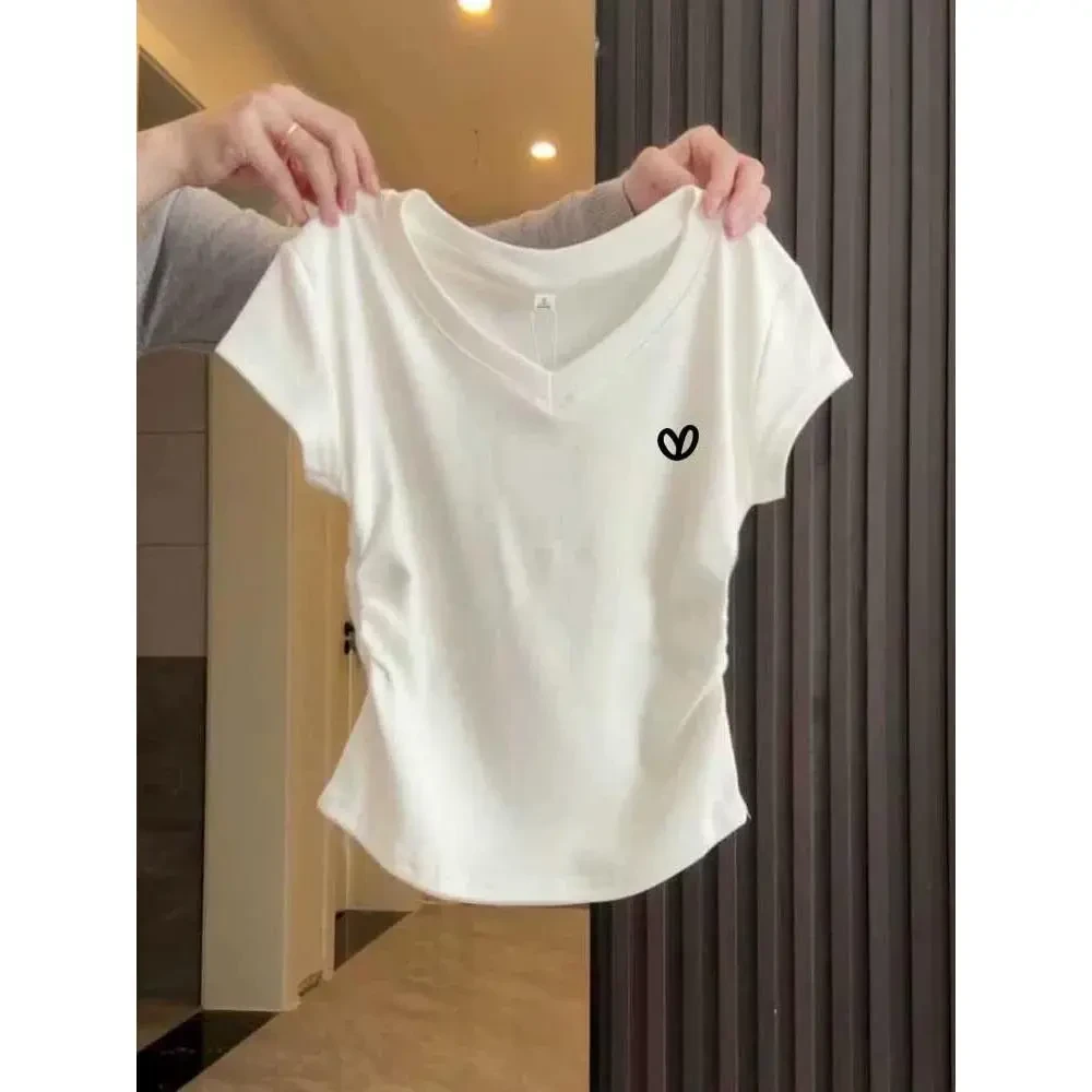 正肩V领纯棉短袖t恤女装2025新款收腰显瘦修身白色上衣体恤夏季