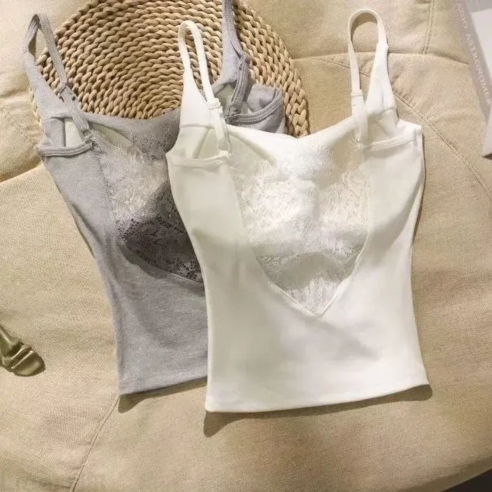 白色纯欲蕾丝吊带背心修身带胸垫美背通勤百搭打底显瘦女上衣夏季