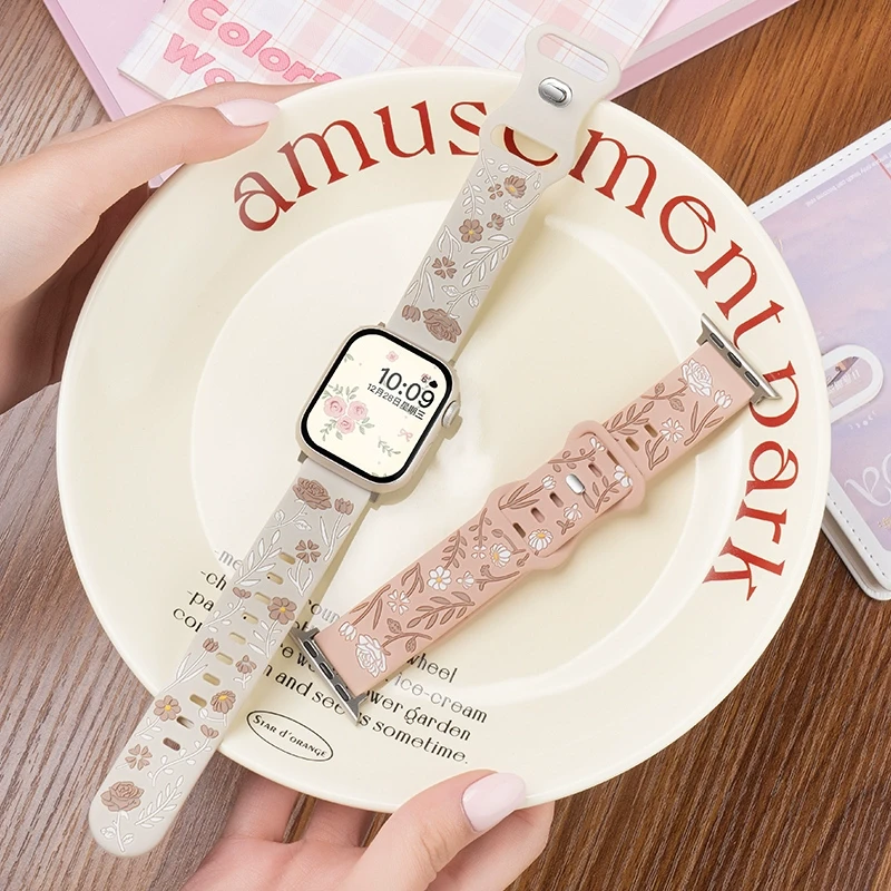适用iwatch10表带苹果S9手表applewatch8/7创意雕刻se6/5玫瑰印花