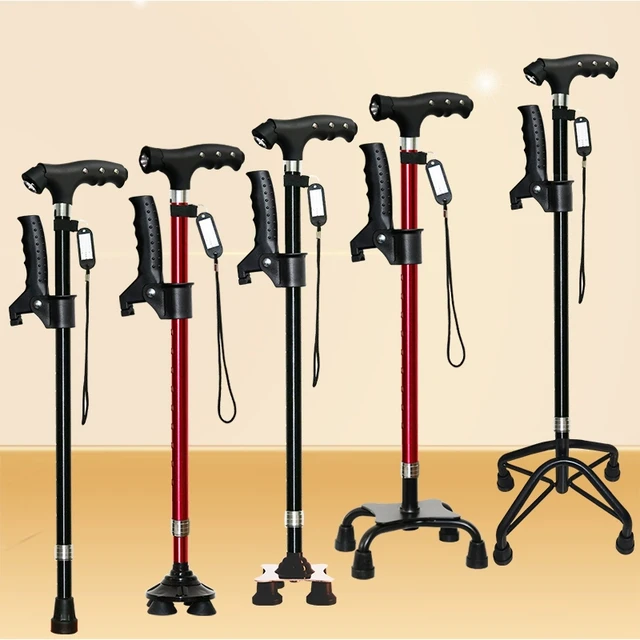 拐棍老人防滑手杖四脚拐杖铝合金伸缩轻便拐杖多功能拐仗带灯调节