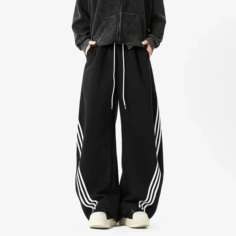 2025美式街头条纹撞色阔腿裤卫裤男士复古松紧抽绳垂感休闲运动裤
