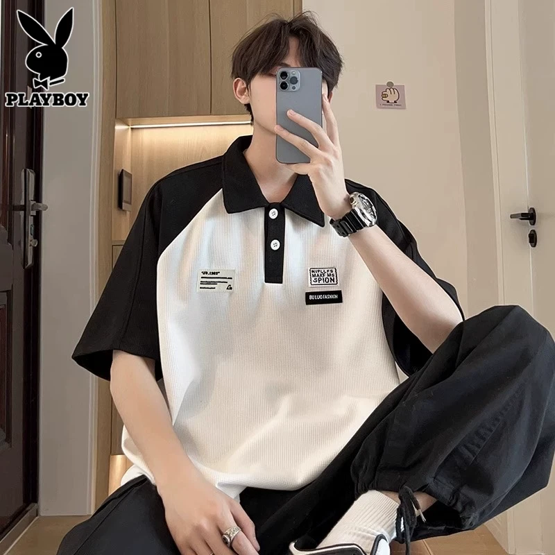 花花公子华夫格短袖t恤男士Polo衫衣服夏季潮流男生拼色宽松体恤
