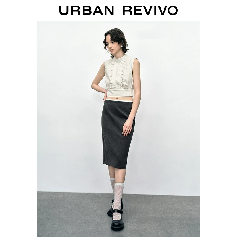 UR2025春季新款女装欧若风撞色拼接褶饰腰头后开衩半裙UYU550029
