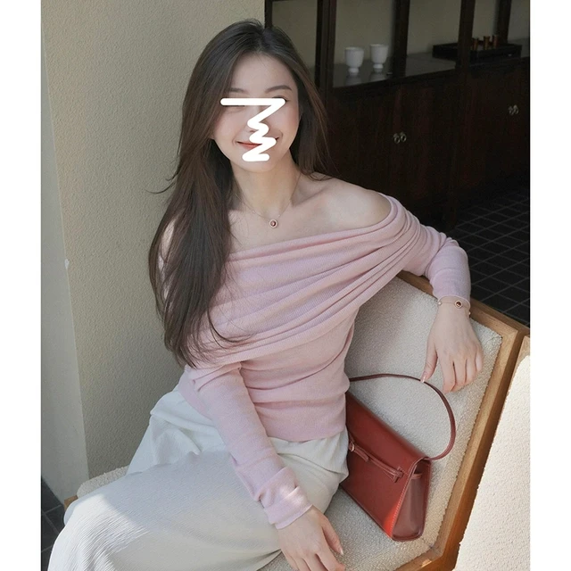 独特超好看超好看一字肩内搭打底针织衫女秋冬季修身露肩长袖上衣