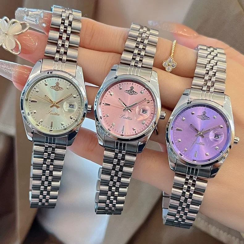 诗高迪手表新款简约时尚腕表带日历轻奢小众直播爆款钢带女表防水