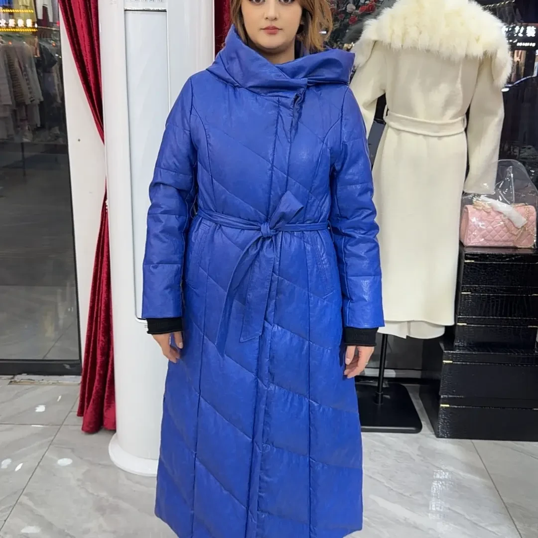 冬季新款连帽收腰修身长款白鹅绒羽绒服女装