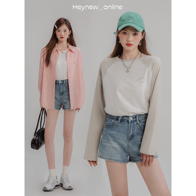 【黑妞】高腰显瘦双层边牛仔裤直筒裤短裤-4C139