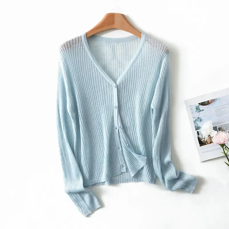 V领亚麻防晒开衫女夏薄款长袖针织开衫宽松显瘦短款外搭空调小衫